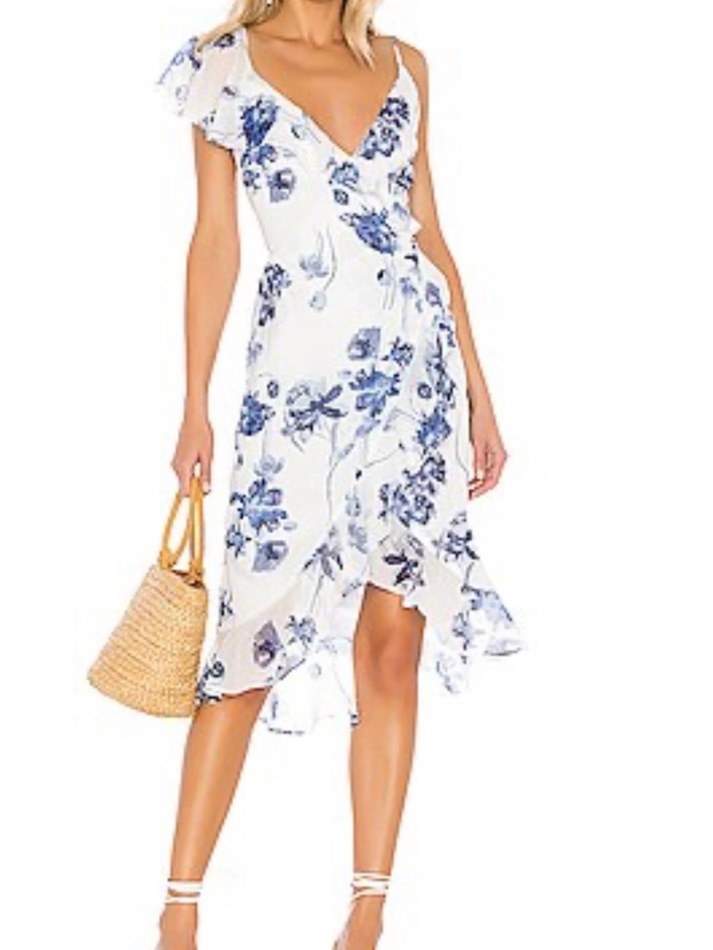 House of Harlow 1960 White and Blue Floral Ruffle Wrap Dress